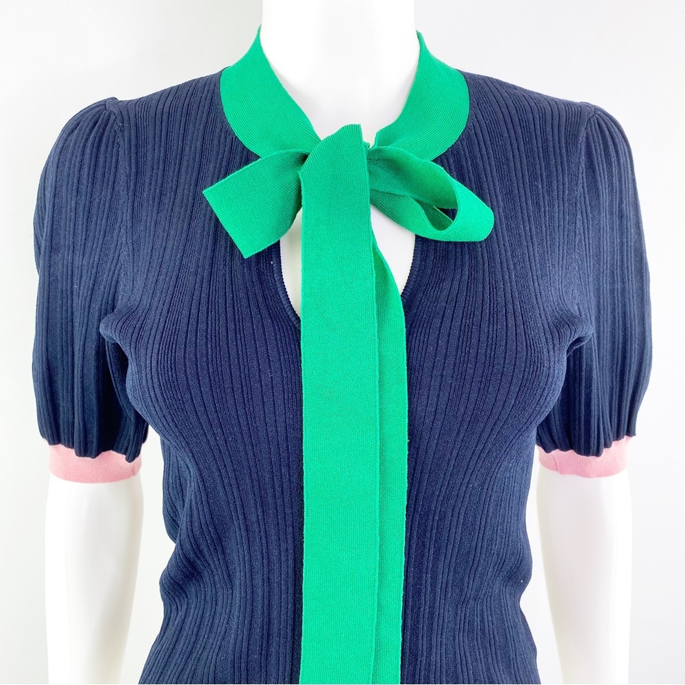 NEW Kate Spade Size S Navy Color Block Bow Neck Short Sleeve Sweater Top - Picture 5 of 11
